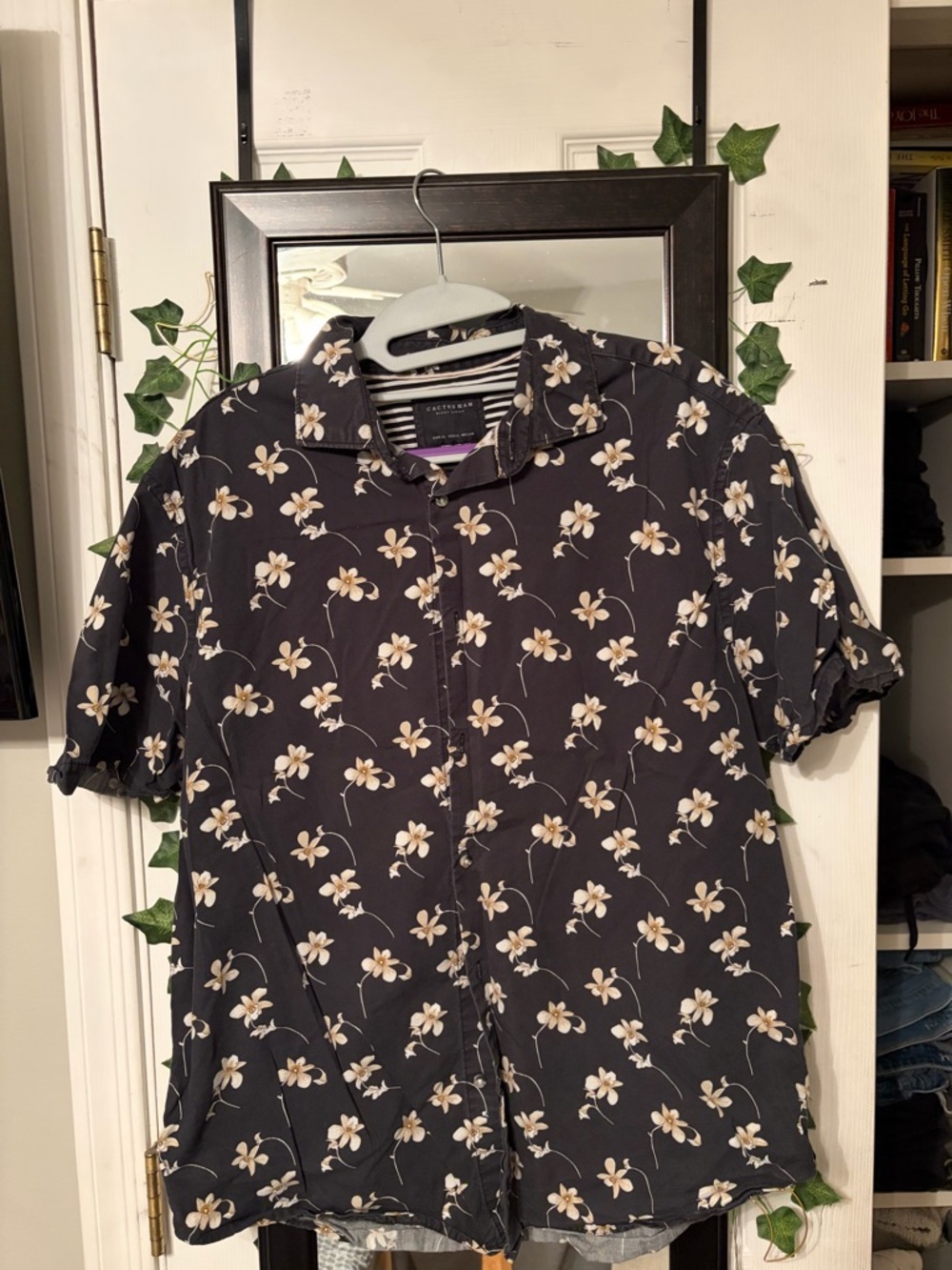 Cactus Man Black Short-Sleeve Button-Down with Cream Floral Print